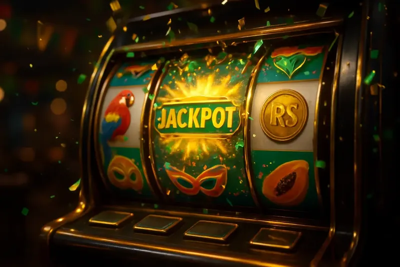 Caça-níqueis brasileiro com símbolos tropicais, jackpot e confetes verde e dourado