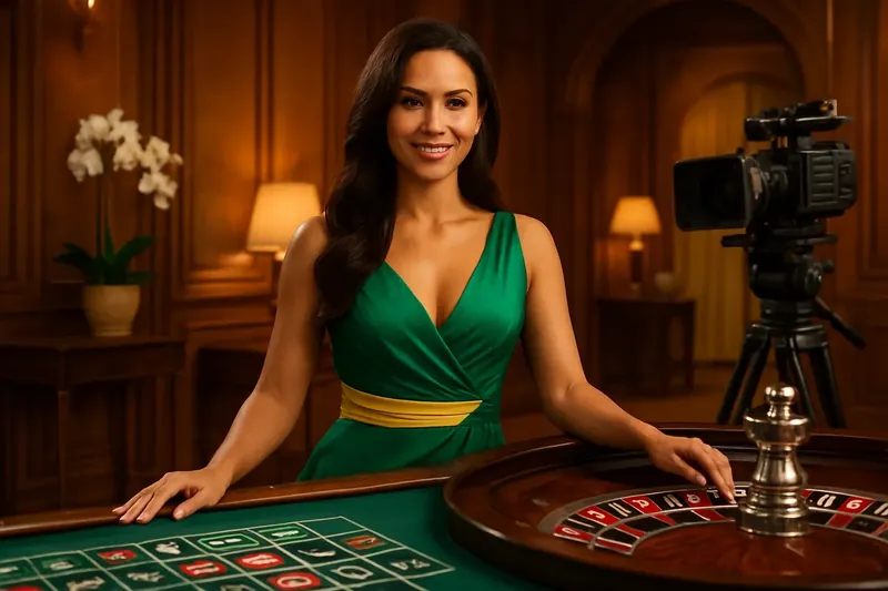 Dealer brasileira profissional em mesa de roleta em estúdio de cassino ao vivo