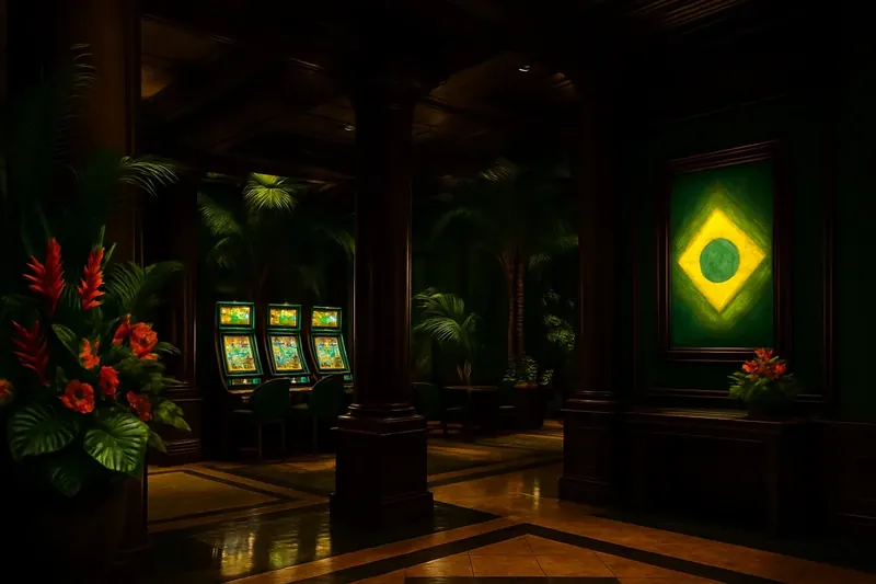 Lobby de cassino elegante com decoração tropical brasileira e telas iluminadas