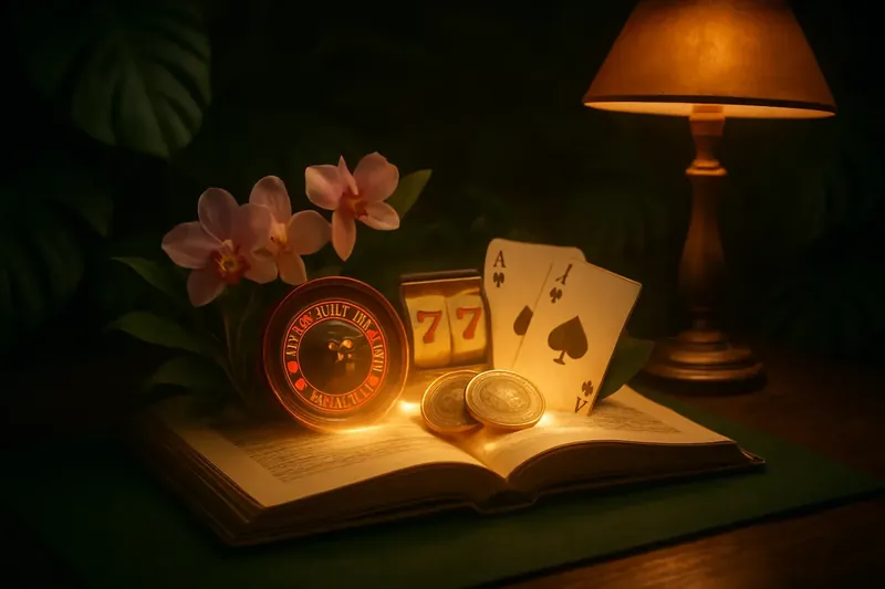 Livro aberto com jogos de cassino, moedas em real e orquídeas tropicais