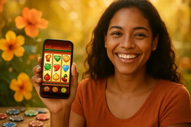 Jogador brasileiro segurando smartphone com caça-níquel online e fichas coloridas