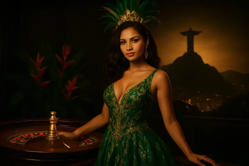 Mulher brasileira elegante em cassino luxuoso com roleta e cenário do Rio